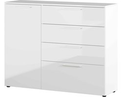 Opbergkast Linde Wit - Breedte 135 cm - Hoogte 107 cm - Diepte 40 cm - Met lades - Met planken - Met openslaande deuren