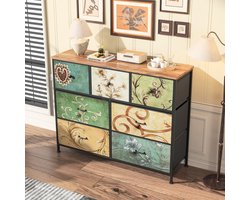 Opbergkast met 7 lades – Retro bloemenprint, stoffen lades, zwart stalen frame, houten bovenblad – 100 x 30 x 78 cm