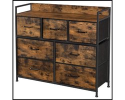 Opbergkast met 7 lades – Stoffen lades – Metalen frame – Industrieel design – Houten platen – Verhoogde achterrand – 28,5 × 98 × 85 cm