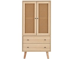 Opbergkast met links - en Rechtsopenende Deuren - Kledingkast - 60 x 40 x 120 cm - Landhuisstijl - Rotandecoratie - 2 Deuren - 2 Laden - Open Planken en Kledingstang - Kantelbestendig en Onderhoudsvriendelijk - voor Slaapkamer,Massief hout,eiken