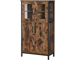 Opbergkast Multifunctionele Kast Servieskast Vitrinekast 60x30x108cm Met Glas- en Houten Deuren Verstelbare Planken Stevig Metalen Frame Bruin + Zwart Geschikt voor Woonkamer Slaapkamer Keuken