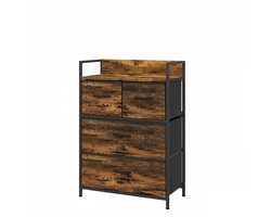 Opbergkast nachtkastje bijzetkast ladekast 60x29x85cm bruin + zwart minimalistisch industrieel design met bovenste plank, 4 opvouwbare stoffen lades stevige duurzame metalen frame eenvoudige montage geschikt voor woonkamer en slaapkamer
