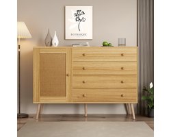 Opbergkast, Natuurlijke kleur, 120 cm Houten Dressoir met 4 laden en 1 deur