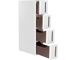 Opbergkast smal met wielen, plastic opberglades, opbergunittoren met 4 lades en wieltjes, smal ontwerp bespaart ruimte, geschikt voor badkamer en keuken, 45 x 17 x 83 cm, wit+Bruin