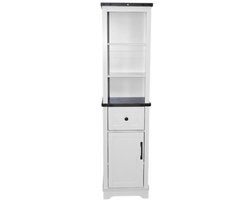 Opbergkast vitrinekast dressoir bijzetkast met 1 lade, 3 open opbergvakken en 1 deur, modern en eenvoudig landelijk ontwerp, stevig en duurzaam houten frame, geschikt voor woonkamer, slaapkamer en keuken, 39,5×29,5×160 cm, Wit + donker hout