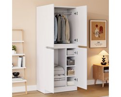 Opbergkast voor in de hal – Halmeubel – Entreekast – Kast met vakken – Modern halmeubel – Wit – Bamboe materiaal – 70 x 40 x 170 cm – Dubbele deuren met kleine compartimenten