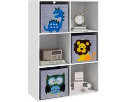 Opbergkast voor kinderen, rek voor kinderkamer, boekenkast, 6 vakken, 3 kubussen van stof, dierenmotief, voor speelkamer, kinderkamer, 62 x 30 x 91,5 cm, wit