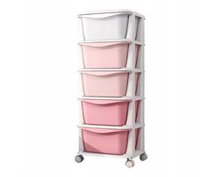 Opbergkast voor kinderkamer/waskamer..met wielen en 5 kleurrijke schuiven - roze/wit tinten