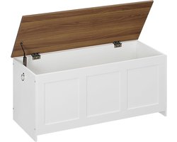 Opbergkist met veiligheidsscharnier – Speelgoeddoos met inklapbaar deksel – Wit en walnoot – Voor woonkamer of slaapkamer