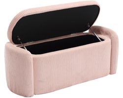 Opbergkruk met Deksel – Gestreept Fluweel – Zitbankje met Opbergruimte – Nachtkastje – Roze – Ideaal voor Woonkamer, Slaapkamer, Hal of Entree – Comfortabel en Stijlvol