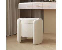 Opbergkruk - Poef bijzettafel - Extra zitplaats - Zachte teddy stof - 48x42cm - Wit
