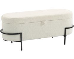 Opbergkruk, Zitkruk Met Deksel En Opbergruimte, Stalen Poten, Gestoffeerde Kruk Met Fleece Hoes, Crèmewit