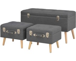 Opbergkrukken Set - Poef met Opslag - Woonkamer Opruimen - Stoffen Bekleding Schuim - 1 Grote 2 Kleine - Donkergrijs
