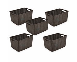 Opbergmand 18L Kunststof Set van 5 – Mandjes Riet – Opbergbox 38x28x19 cm – Opbergmand Kinderkamer en Speelgoed – Kast Organizer – Keukenkast Organizer – Kledingkast Organizer – Plastic Opbergmand Vierkant