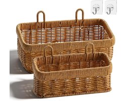 Opbergmand - 2 stuks - gevlochten opbergmanden - Wandmand – Picknickmand Rieten - met zelfklevende haak - handgeweven - organisatie voor keuken, woonkamer, badkamer