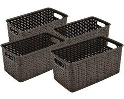 Opbergmand 5L Set van 4 – Mandjes Riet Look – Opbergmand Kunststof 28x15x13 cm – Opbergbox en Opbergdozen – Keukenkast Organizer – Kledingkast Organizer