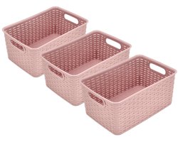 Opbergmand 6L Roze – Set van 3 Mandjes Riet Design – Opbergmand Kunststof– Kast Organizer – Keukenkast Organizer – Kledingkast Organizer – 29x20x13 cm