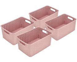 Opbergmand 6L Roze – Set van 4 Mandjes Riet – Opbergmand Kunststof – Opbergmand Kinderkamer en Speelgoed – Keukenkast en Kledingkast Organizer – 29x20x13 cm