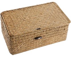 Opbergmand Algenmanden met deksel - gevlochten manden - zeegras-opbergmand - geweven mand - rotan-opbergmand - containers voor rek - desktop - woondecoratie - maat S