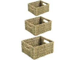 Opbergmand CABO set van 3 natuurlijke stapelbare voor woonkamer badkamer hal handdoeken zeegras rieten mand met handgrepen rechthoekige opbergdoos - belangrijkste afbeelding