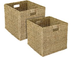 Opbergmand compatibel met Kallax rek, gevlochten mand van zeegras met handgrepen, 2 stuks, 32 x 34,5 x 32 cm, naturel