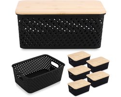 Opbergmand met Deksel 6 Stuks - Kunststof Opbergbox, Vlechtmand en Stapelbare Mand met Bamboe Deksel - 25,5x18,3x10,8 cm - Zwart
