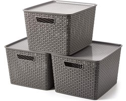 Opbergmand met deksel van kunststof, set van 3 opbergmanden in rotan-look voor keuken, kledingkast, kast, 17 liter