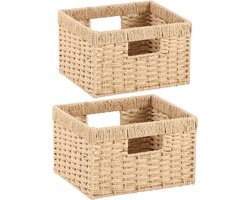 Opbergmand met Handvat voor Organiseren, Decoratieve Geweven Opbergmand voor Make-up, Handdoeken, Planken, Kasten, Lades, Dressoir, Papieren Touw, Natuurlijk, Set van 2, 30 x 30 x 18 cm