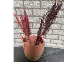 Opbergmand met handvaten - Licht oranje/roze kleur - Hoogte 34 cm x dia 30 cm - Zeegras en Katoen - Opbergmand - Decoratieve manden - Plantenmand - Speelgoedmand - Woonaccessoires