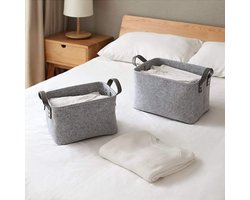 Opbergmand met twee handvatten, vilten mand, opbergdoos voor speelgoed, boeken, tijdschriften, kleding, handdoeken, vilten doos met leren handvat (grijs)