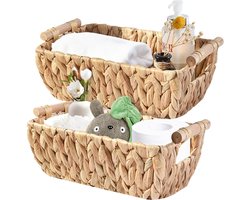 Opbergmand plankmand van waterhyacint, geweven manden voor organisatie met houten handvat, set van 2 decoratieve organisatiebox voor werkblad, toiletpapiermand voor toilet