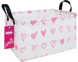 Opbergmand Rechthoekig - Organizer Tray - Speelgoed Opbergen - Waterproof Canvas - 38x26x9 cm - Roze Hartjes