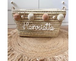 Opbergmand - Rieten mand - 60cm - Speelgoed - Opbergen - Mand met naam - Pompon - Wol - Gepersonaliseerd - Handgemaakt - Decoratie - Geboortegeschenk - Verjaardagscadeau - Kraamgeschenk - Geboorte - Marokko - Palmblad - Cadeau - Kinderkamer - Koffer