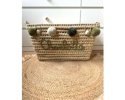 Opbergmand - Rieten mand - 60cm - Speelgoed - Opbergen - Mand met naam - Pompon - Wol - Gepersonaliseerd - Handgemaakt - Decoratie - Geboortegeschenk - Verjaardagscadeau - Kraamgeschenk - Geboorte - Marokko - Palmblad - Cadeau - Kinderkamer - Koffer