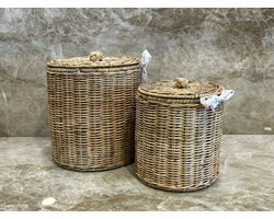 Opbergmand Set van 2 - Met Deksel - decoshoppen - D25xH25 & D20xH20 cm - voorraad pot - Riet - Manden