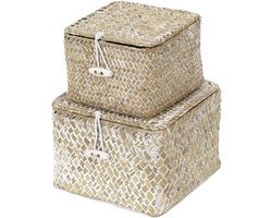 Opbergmand van zeegras met dekselset met 2 stapelbare manden, natuurlijk zeegras, geweven, vierkante manden voor rekken, organizer, dozen, opslag van cosmetica, sieraden, naalddraden