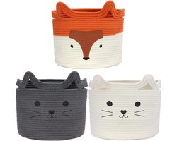 Opbergmand voor kinderen, 3-delige set voor Kallax-rek, speelgoedmand, kinderkamer, opslag kinderspeelgoed, mand 30 x 30 cm, wasmand voor kinderen, kat, vos, wit/grijs
