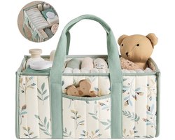 Opbergmand voor luiers met bloemenpatroon — Organizer voor de commode — Ruime opbergbak met tussenschotten en handvatten — Decoratie voor de babykamer — Groen