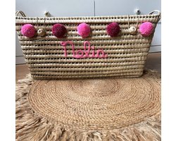 Opbergmand XXL - Rieten mand - 80cm - Speelgoed - Opbergen - Mand met naam - Pompon - Wol - Gepersonaliseerd - Handgemaakt - Decoratie - Geboortegeschenk - Verjaardagscadeau - Kraamcadeau - Geboorte - Marokko - Palmblad -Cadeau - Kinderkamer - Koffer