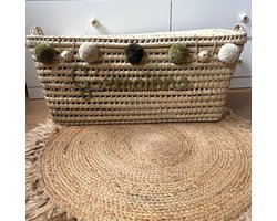 Opbergmand XXL - Rieten mand - 80cm - Speelgoed - Opbergen - Mand met naam - Pompon - Wol - Gepersonaliseerd - Handgemaakt - Decoratie - Geboortegeschenk - Verjaardagscadeau - Kraamcadeau - Geboorte - Marokko - Palmblad -Cadeau - Kinderkamer - Koffer