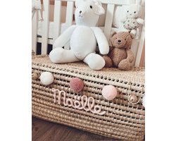 Opbergmand XXL - Rieten mand - 80cm - Speelgoed - Opbergen - Mand met naam - Pompon - Wol - Gepersonaliseerd - Handgemaakt - Decoratie - Geboortegeschenk - Verjaardagscadeau - Kraamcadeau - Geboorte - Marokko - Palmblad -Cadeau - Kinderkamer - Koffer