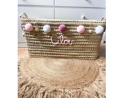 Opbergmand XXL - Rieten mand - 80cm - Speelgoed - Opbergen - Mand met naam - Pompon - Wol - Gepersonaliseerd - Handgemaakt - Decoratie - Geboortegeschenk - Verjaardagscadeau - Kraamcadeau - Geboorte - Marokko - Palmblad -Cadeau - Kinderkamer - Koffer