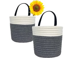 Opbergmanden, 2-Pack 15cm (6") Katoenen Touw Geweven Hangende Plantenpotten Opbergmanden met Lederen Handvatten voor Zonnebrillen Sleutel, Kamerplanten Bloem, Badkamer Accessoires
