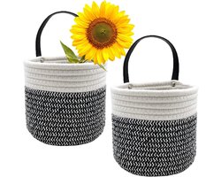 opbergmanden, 2 stuks 15 cm katoenen touw geweven hangende plantenpotten opbergmanden met lederen handgrepen voor zonnebrilsleutel, kamerplanten bloem, badkameraccessoires (zwart en wit