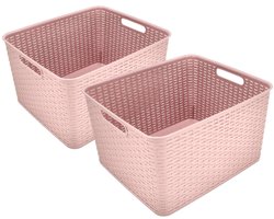 Opbergmanden 28.5L Kunststof Roze – Set van 2 Mandjes Riet Look – Opbergbox en Opbergdoos – Kast Organizer voor Kinderkamer, Badkamer en Wasruimte – 40x34x23 cm