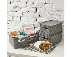 Opbergmanden 6 liter - set van 4 - kunststof mand met deksel - rotan-look - grijs - 28x185x13 cm - keukenkast kledingkast .