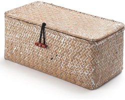 Opbergmanden met Deksel - Zeegras Rotan - Natuurlijke Geweven Rechthoekige Organizer - Kleine Whitewash 26cmx14cmx11cm H
