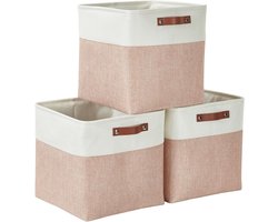 Opbergmanden Set van 3, Cube 33 x 33 x 33 cm, Stoffen Opbergdozen voor Speelgoed, Kantoor en Kasten, Roze en Wit
