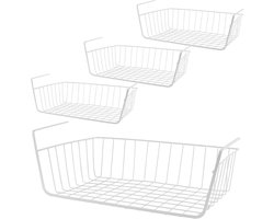 Opbergmanden set van 4, 40,5 x 23 x 13,5 cm, metalen hangmanden voor keuken, badkamer en kast, wit