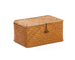 Opbergmanden van zeegras in Scandinavische minimalistische stijl met deksel, natuurlijk gevlochten rotan, rechthoekige opbergbox (26 x 16 x 10 cm hoog)